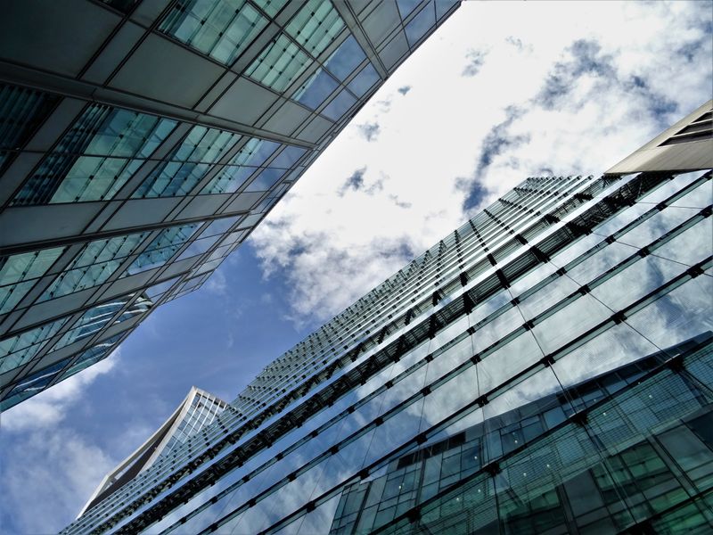 Modern buildings of Piedmont Point Campus against a bright sky