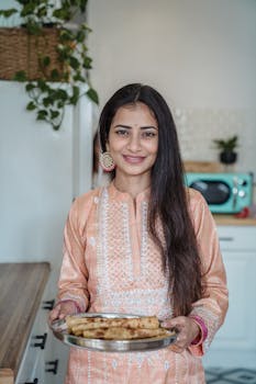 Indian woman wearing traditional clothing holding a tray with food indoors.