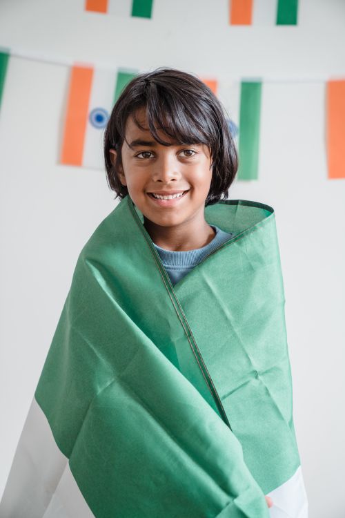 Free A joyful child wrapped in a green and white flag, smiling indoors. Stock Photo