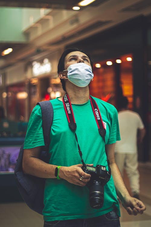 Man in Green Shirt Looking Up