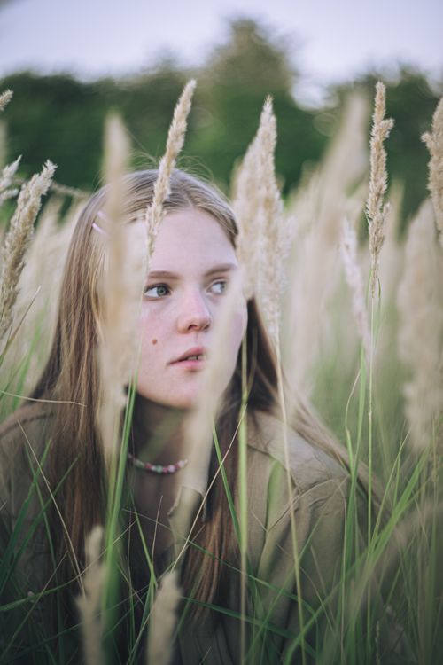 Free A young woman nestled among tall wheat stalks, capturing a moment of tranquil beauty. Stock Photo
