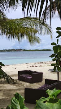 Relax and unwind on this tropical Maldivian beach with comfortable seaside seating under palm trees.