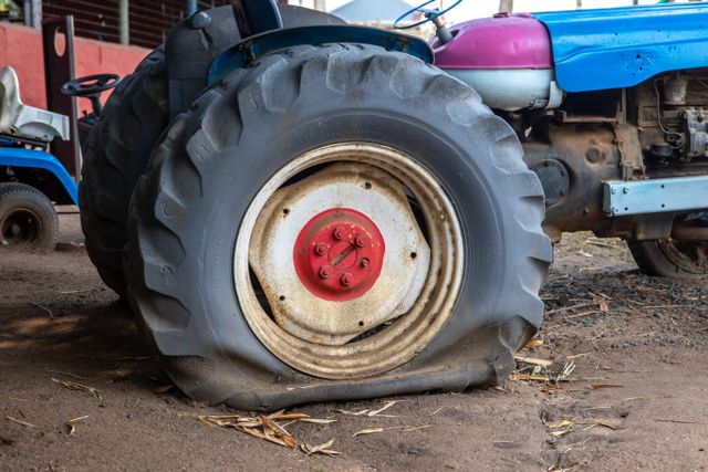 Pneu de tracteur crevé illustrant une urgence pneus agricoles à Saintes