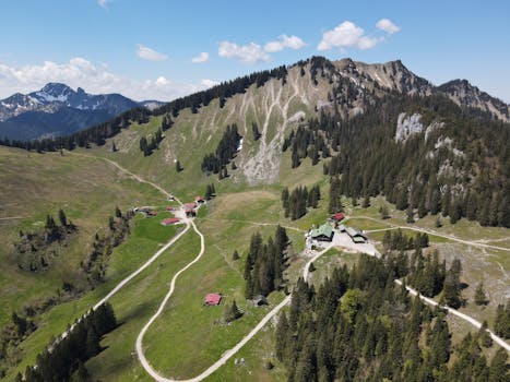Stunning aerial view of the scenic Alpine landscape near Schliersee, Germany.