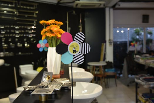 Contemporary interior design featuring colorful decorations and modern furniture elements.