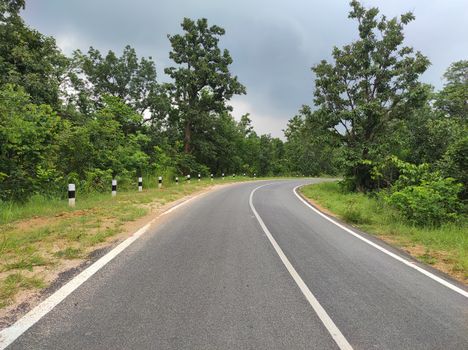 A serene curved road surrounded by lush green trees in Odisha, India.