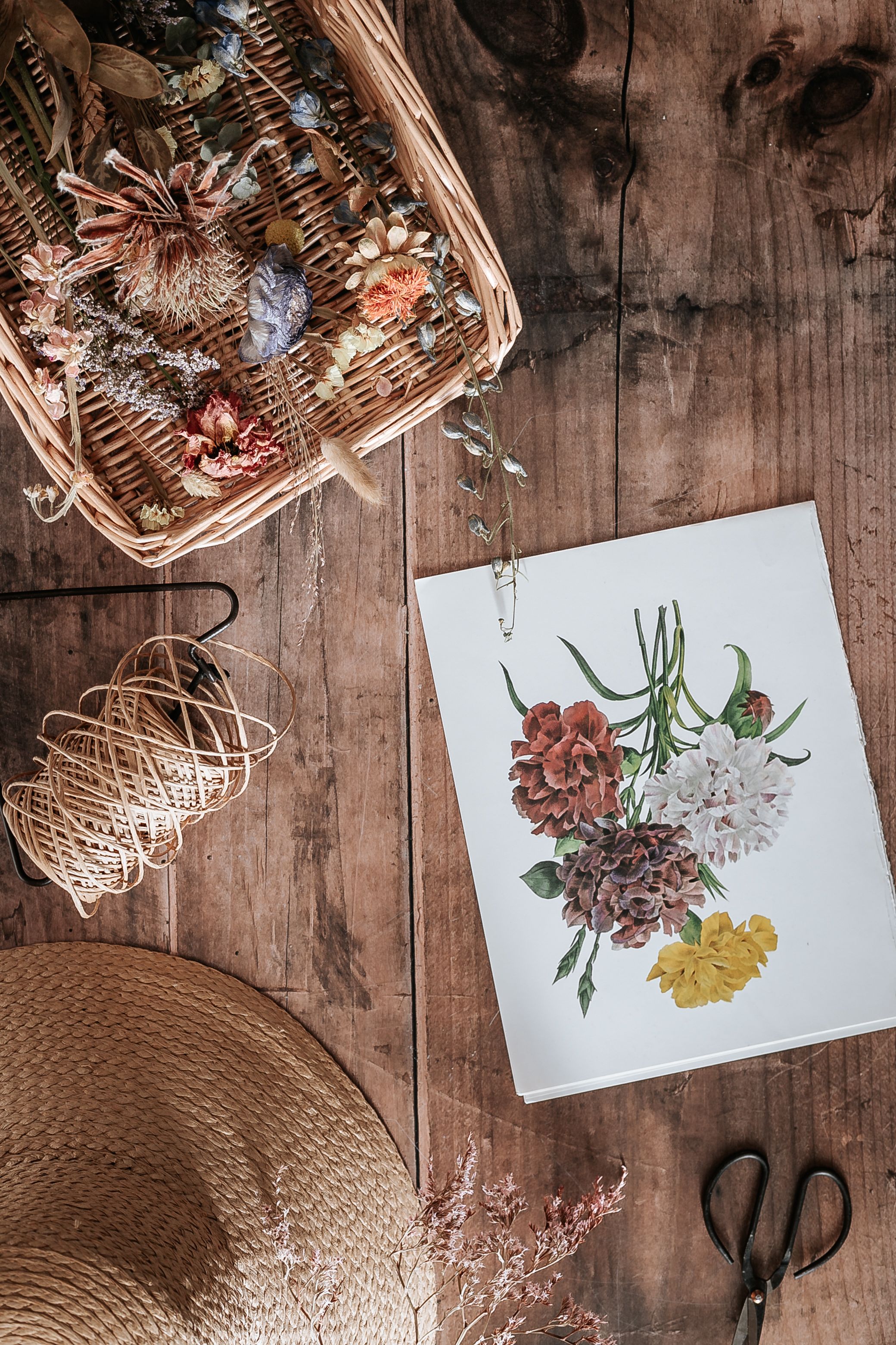 Top view of floral painting with basket of dried flowers and crafting materials on wooden table.