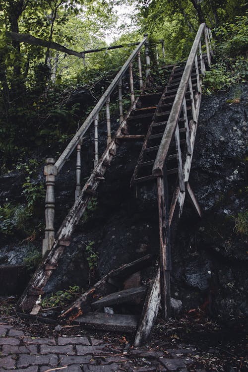 Brown Wooden Stairs on Rock Formation 