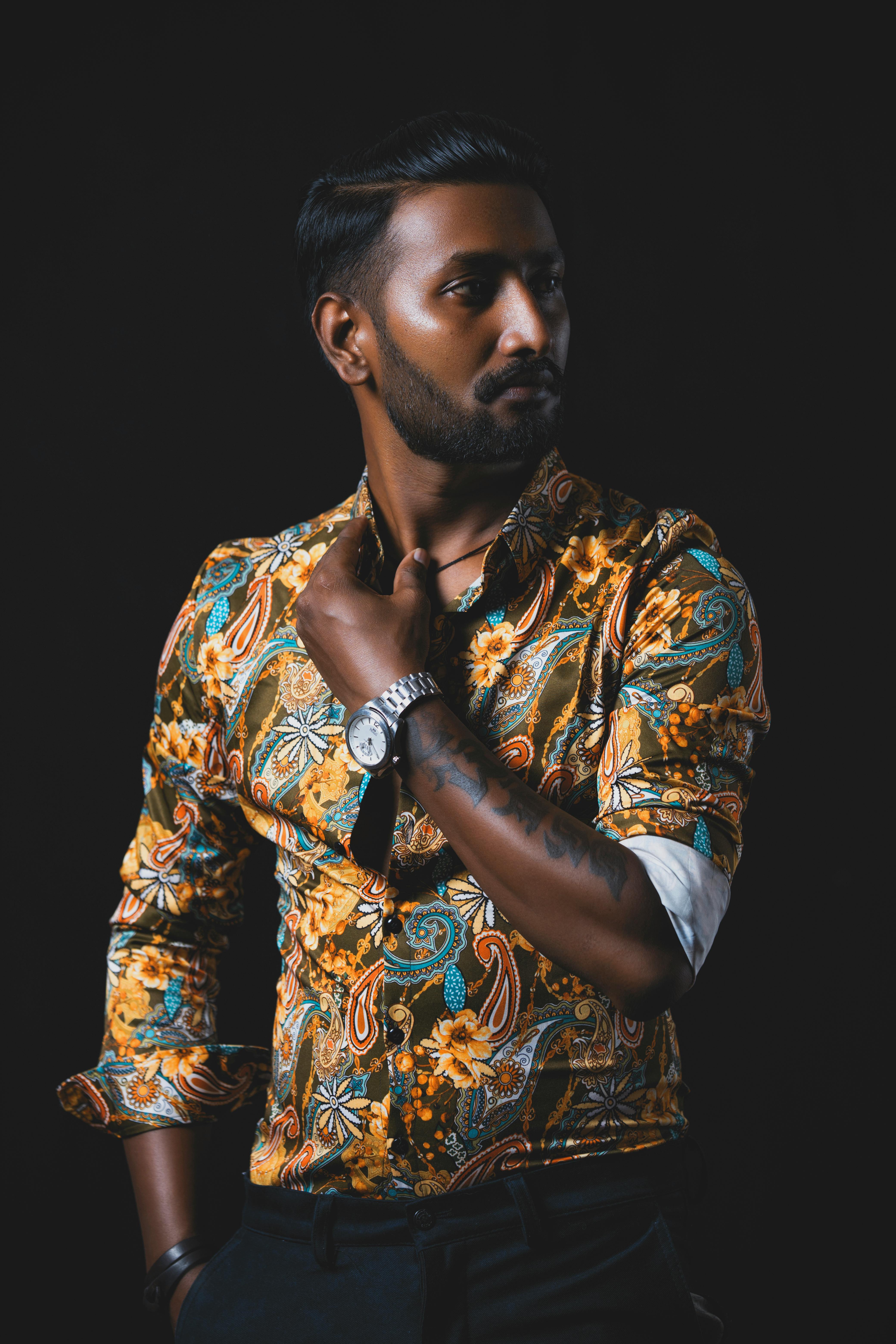 Man in Floral Dress Shirt Posing · Free Stock Photo