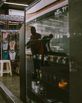 A bustling city street with reflective storefront glass, showcasing daily urban life.