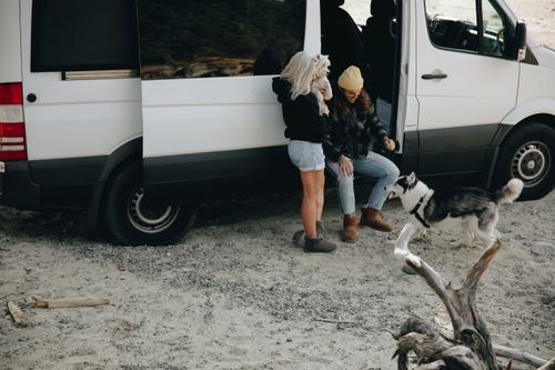Free A couple enjoys travel with their dogs by camper van on a sandy beach. Stock Photo