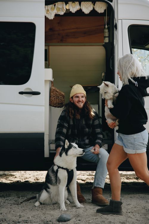 Free Couple enjoying a day outdoors with their dogs by a camper van, highlighting a love for travel and pets. Stock Photo