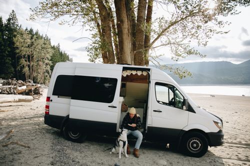 Free Man and husky dog relaxing by a campervan on a scenic lakeside with trees. Stock Photo