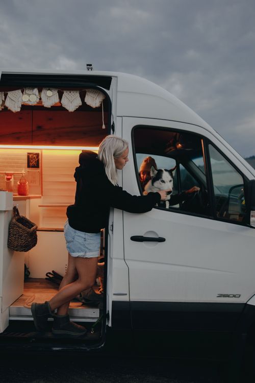 Free A woman in a campervan enjoys a moment with her dog, illustrating the nomadic van life. Stock Photo