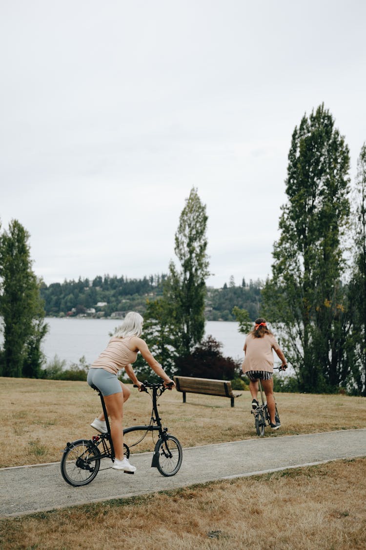 Man And Woman Riding On Bicycles In A Park 