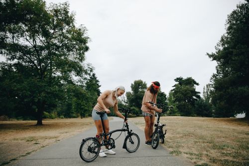 Free Two adults with bicycles enjoy a leisurely day of cycling in a lush green park. Stock Photo