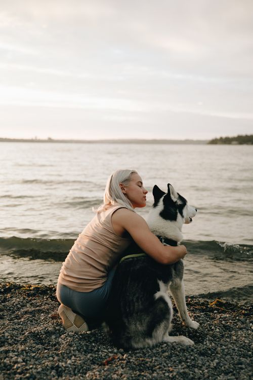 Free A woman lovingly embraces her husky dog by the beach at sunset, capturing a moment of affection. Stock Photo