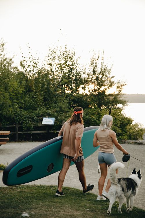 Free Couple enjoying a summer walk by the beach with their dog and paddleboard. Stock Photo