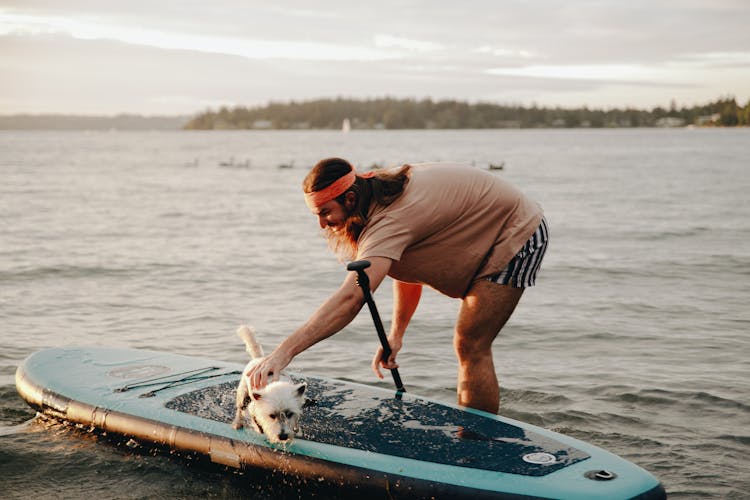 A Man Touching His Dog On The Paddle Board