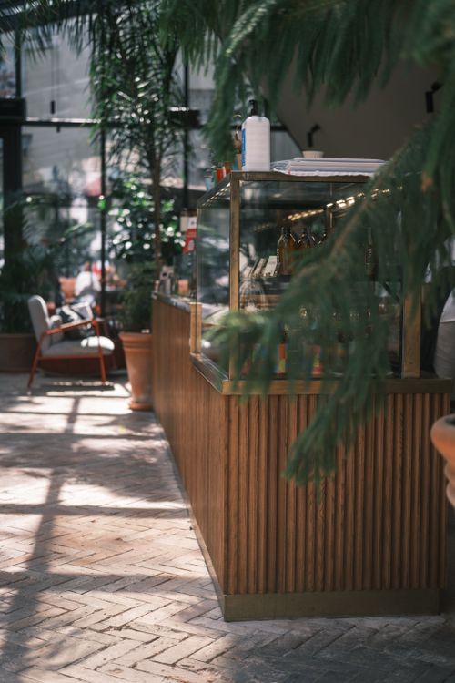 Free Charming café interior with wooden counter and green foliage in Istanbul. Stock Photo