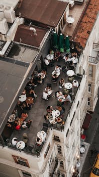 High-angle view of a bustling rooftop restaurant in Istanbul, Turkey.