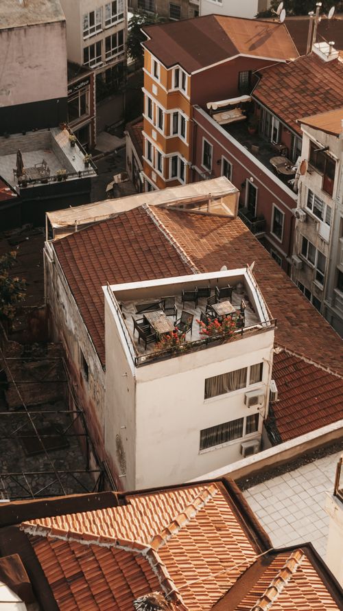 Free Aerial shot showcasing vibrant rooftops and eclectic architecture of Istanbul, Turkey. Stock Photo