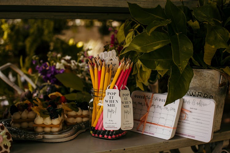 Pencils On Jar Near Plants