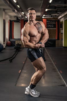 Muscular bodybuilder flexing in a gym, showcasing biceps and triceps in black shorts and sneakers.
