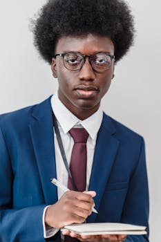 African American businessman in a suit writing notes in a notebook indoors.