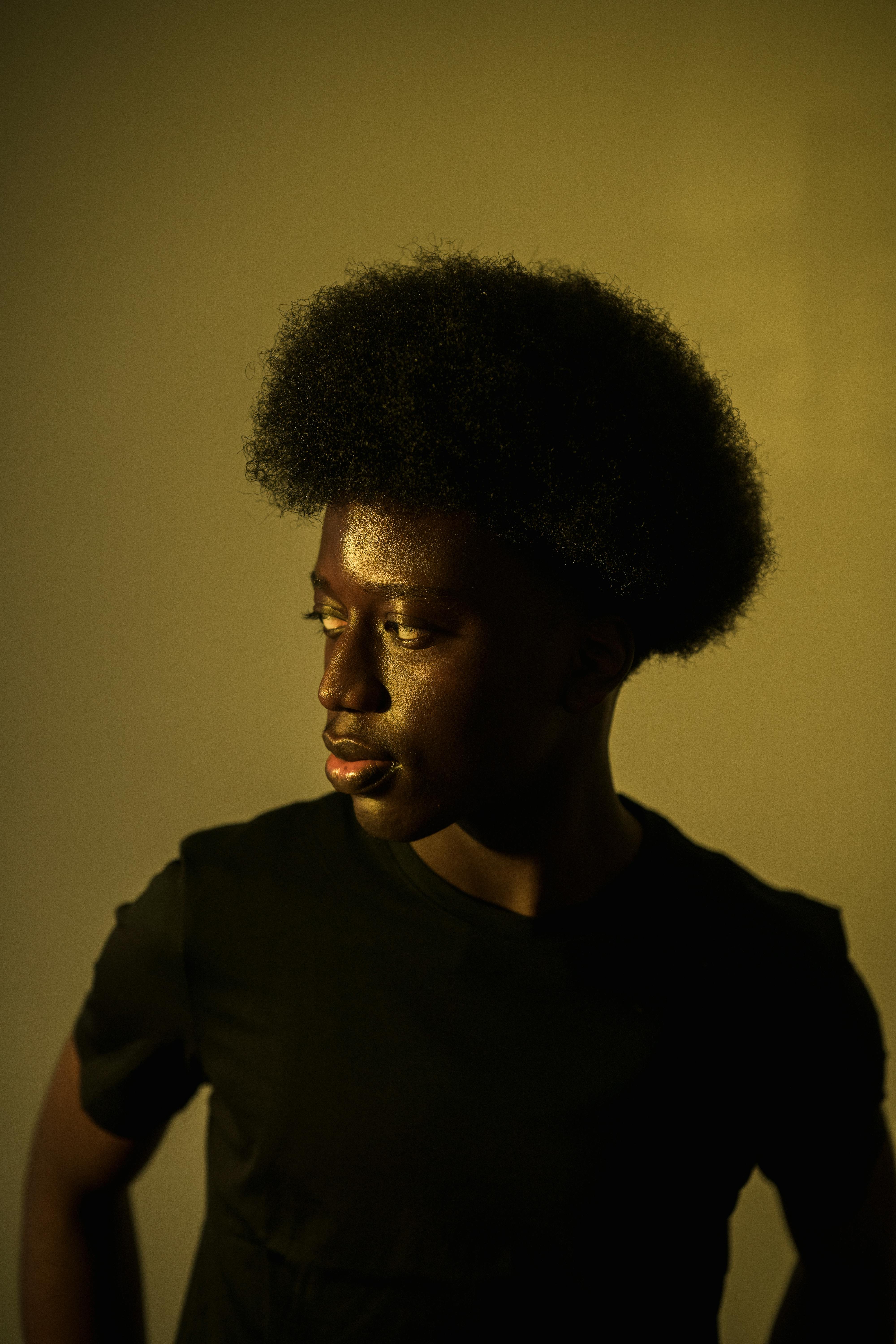 Artistic portrait of an adult black man with afro hair in studio lighting