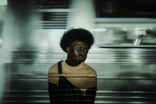 A man with afro hair stands against a blurred motion background, creating artistic reflections.