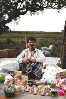 Photo by Albin Biju A local merchant sits outdoors showcasing a variety of handmade products, highlighting small business culture.