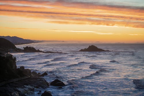 Ocean Waves Crashing on a Rocky Shore at Sunset