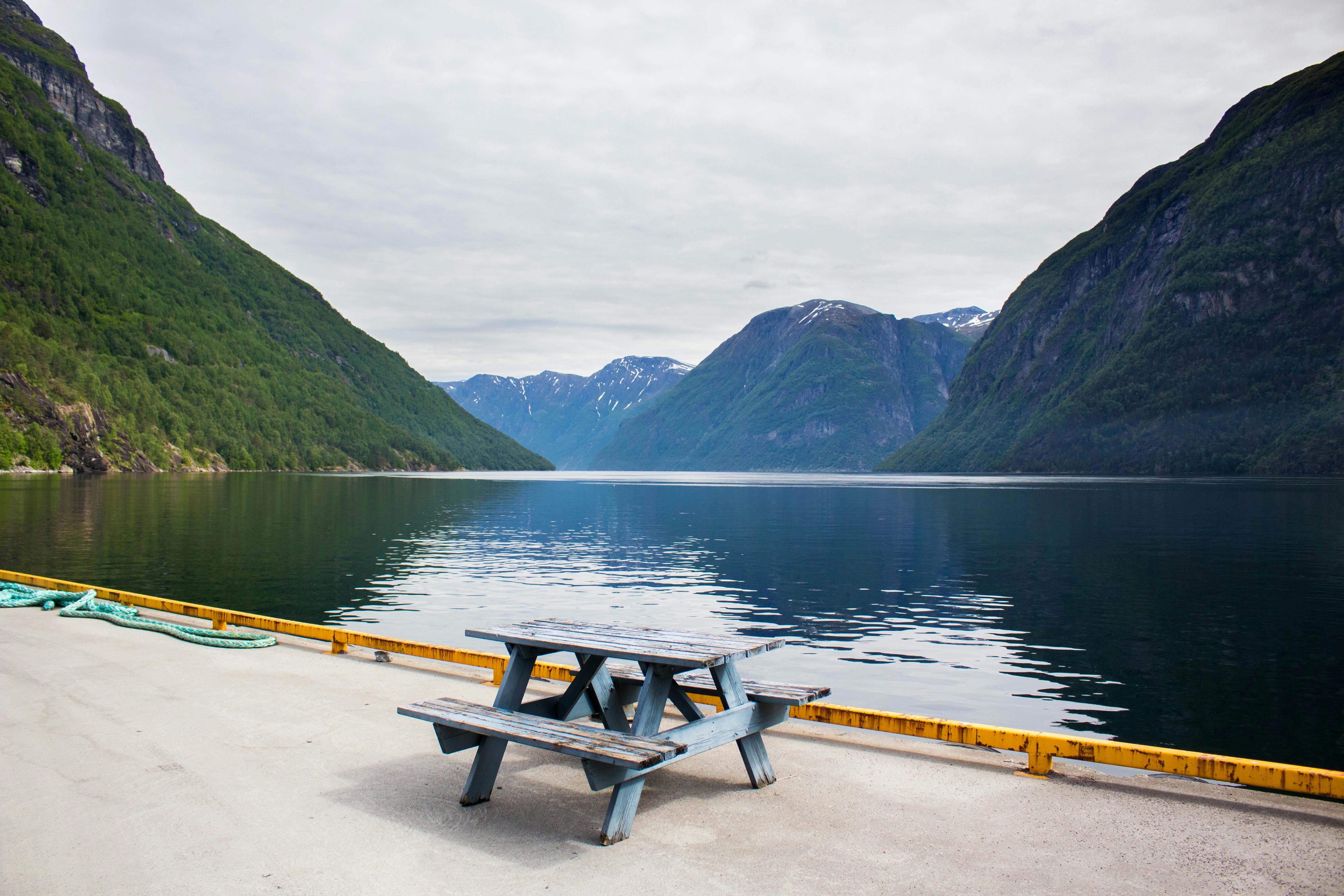 wooden picnic bench beside the lake