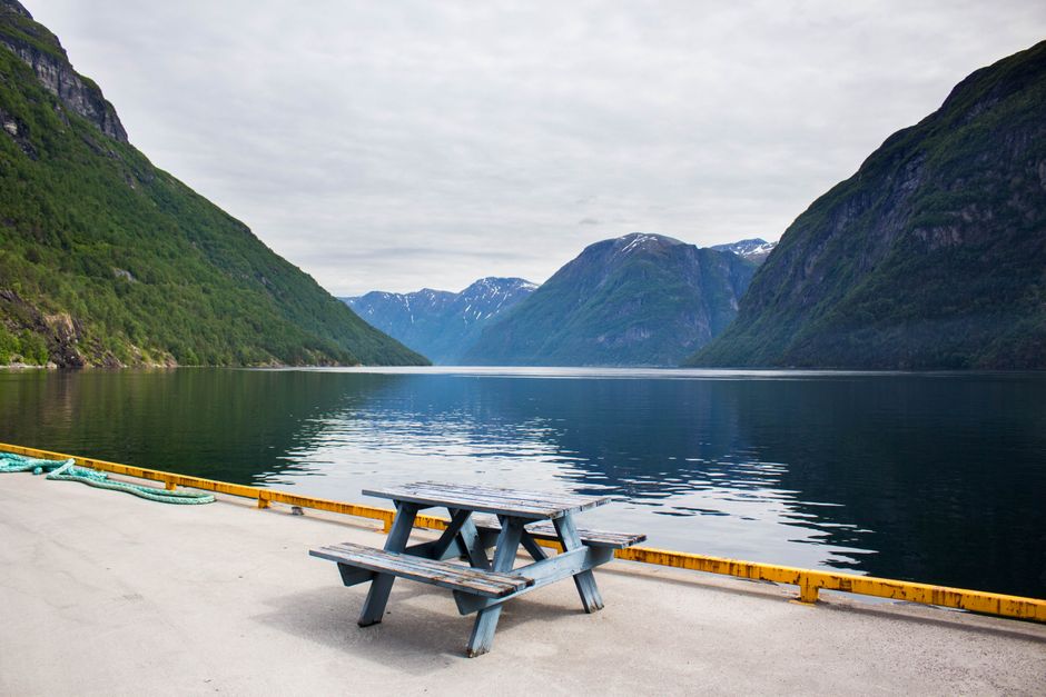 Peaceful fjord view in Norway with a quaint picnic bench overlooking calm waters and lush mountains.