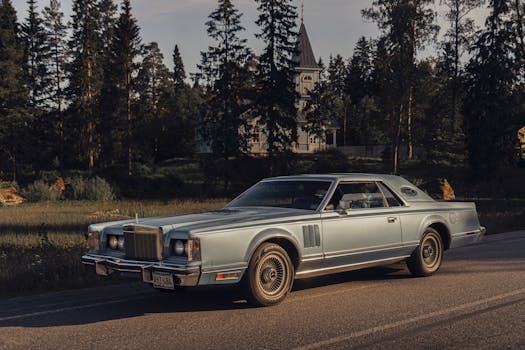 Classic vintage car parked beside a forest road with a distant house and trees in the background.