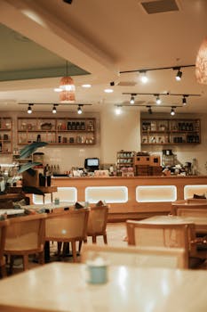 Warm and inviting café interior showcasing elegant wooden chairs and tables under soft lighting.