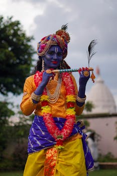Woman dressed as Krishna in vibrant costume with flute at cultural festival.