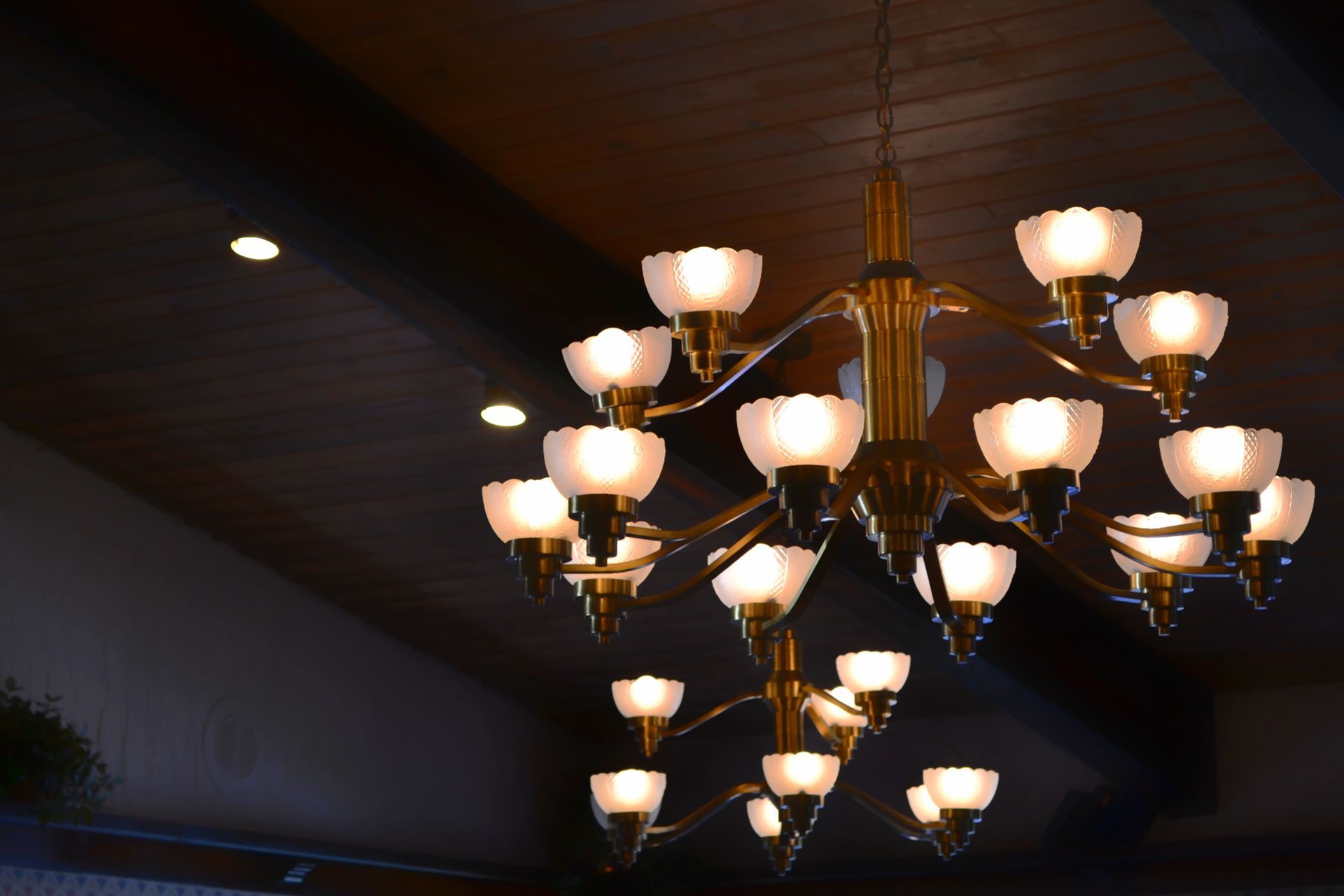 An ornate golden chandelier with numerous illuminated bulbs hanging from a wooden ceiling.