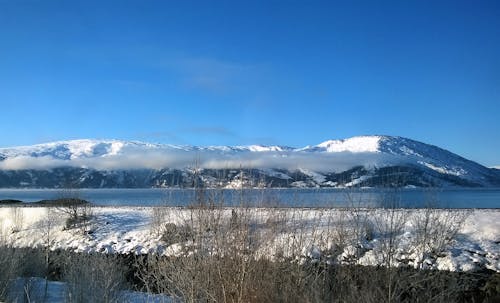 Landscape Photo of Body of Water Within Snow Coated Mountain Range