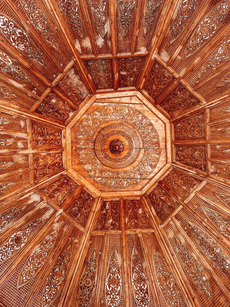 Intricate Design Carvings On A Wooden Ceiling