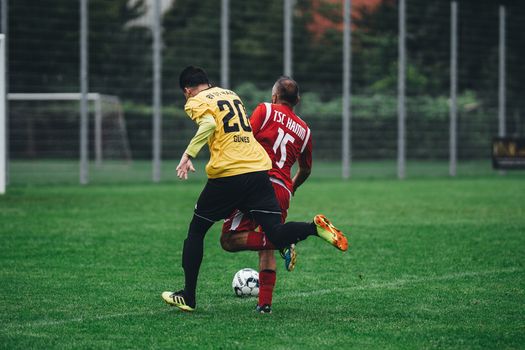 Two soccer players in action on a vibrant green field during a daytime match.