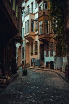Explore the historic architecture of a narrow alley in İstanbul, Türkiye, with cobblestone streets and vintage charm.