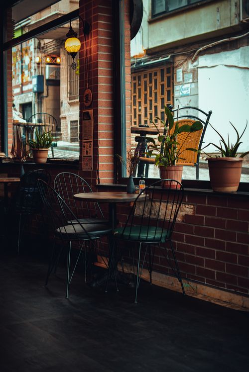 Free Warm and inviting cafe in Istanbul featuring brick walls, potted plants, and a window view. Stock Photo