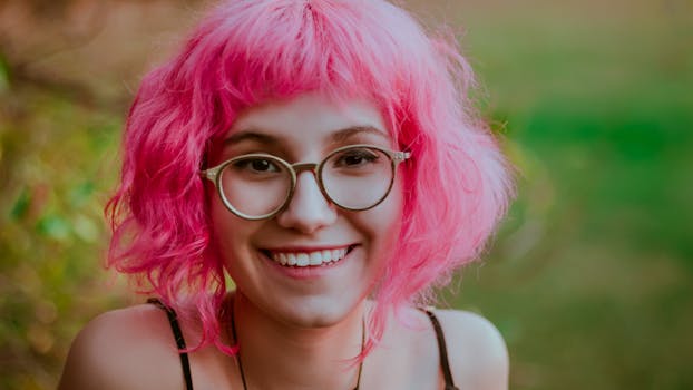 Cheerful woman with pink hair and glasses smiling outdoors in São Paulo.