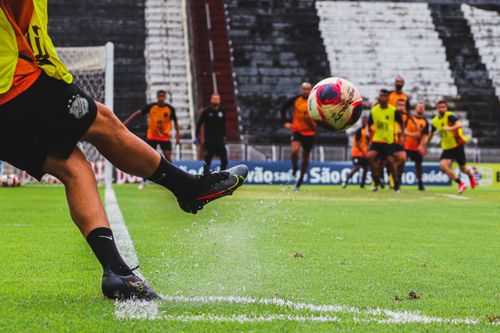 Free Male soccer player kicking ball on grass field during team practice session. Stock Photo