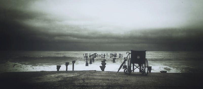 Grey Scale Photograph of Wheel Chair Near Water Sea