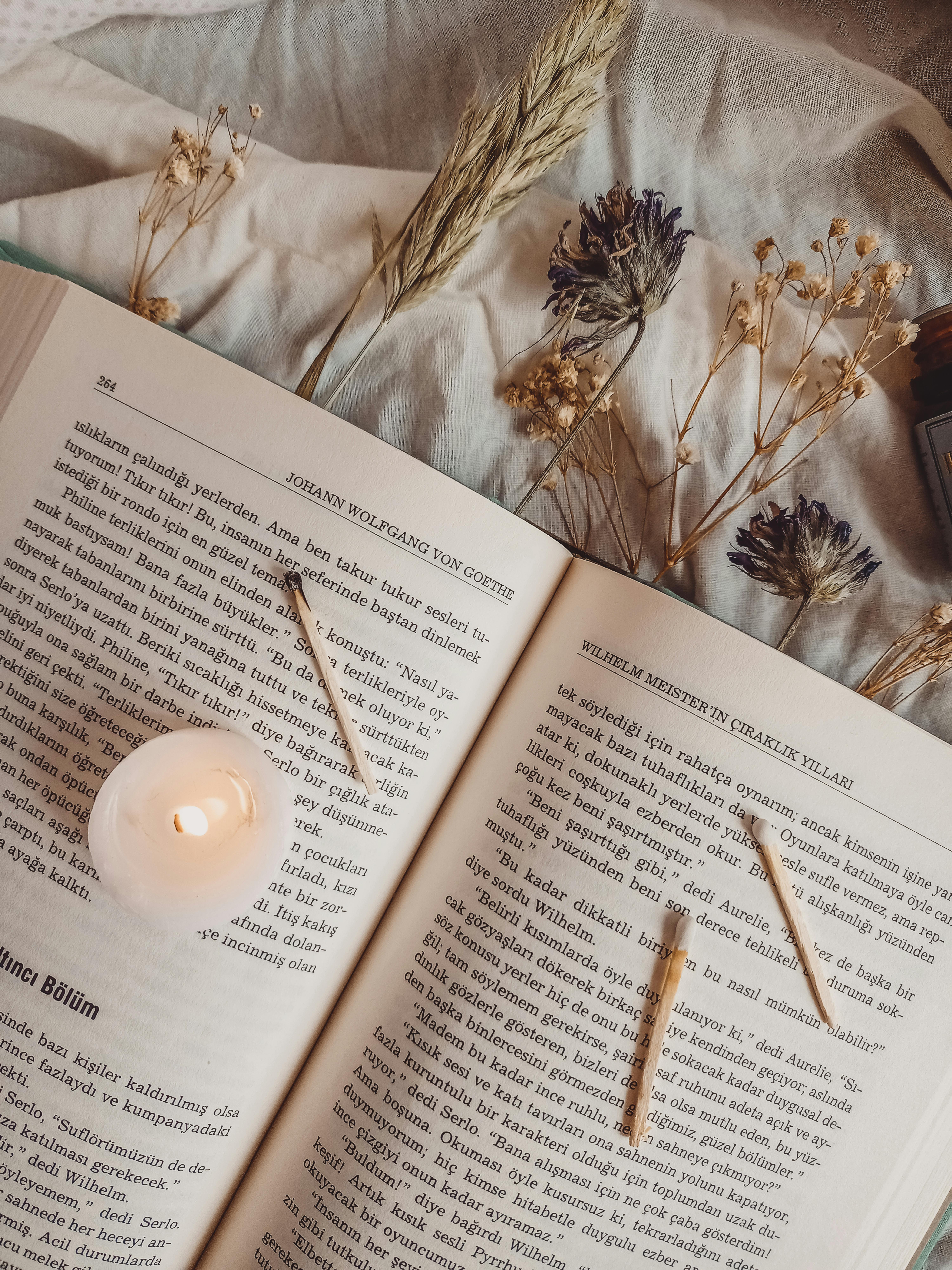 Open Page of a Book with a Candle on Top · Free Stock Photo