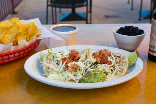 Free stock photo of chips, dip, fish tacos Stock Photo