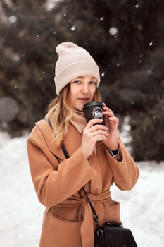 Woman in a beanie holding a warm cup outdoors in a snowy winter setting.